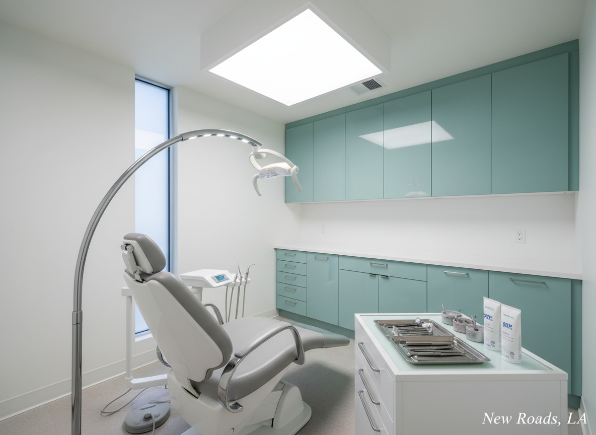A high-end teeth whitening treatment chair rendered as a sculpted, ergonomic object in pale gray leather-like material, with chrome armrests and an attached LED whitening lamp arcing overhead, all without any human presence. The chair sits centered in a spotless whitening room with white walls, soft teal cabinetry, and a neatly organized tray of whitening tools on a rolling cart. Soft overhead panel lighting combines with subtle natural light from a side window, creating an evenly lit, serene atmosphere. Captured from a slightly elevated, three-quarter angle with sharp focus throughout, the photographic scene feels calm, professional, and reassuring, perfect for illustrating a modern teeth whitening clinic in New Roads, LA.