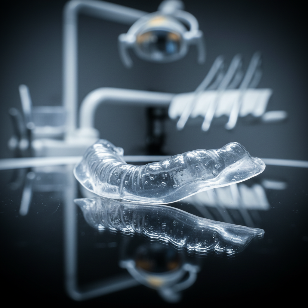 A sophisticated, close-up shot of a custom dental whitening tray resting on a reflective black glass surface, the clear tray filled with a faintly visible gel, emphasizing texture and clarity. In the soft-focus background, shapes of clinic equipment and a whitening lamp suggest a professional New Roads, LA setting without showing people. A cool, directional studio light from the upper left creates crisp reflections along the tray edges and subtle highlights in the gel, while the rest of the scene falls into a gentle vignette. The mood is high-tech and precise. Photographic realism, a low camera angle, and a shallow depth of field draw attention to the craftsmanship and effectiveness of professional whitening trays.