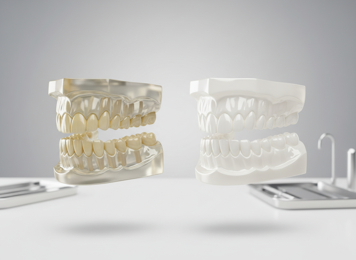 A close-up, side-by-side comparison of two stylized dental arches made from smooth, semi-translucent resin, floating against a neutral gradient background. One arch appears slightly dull and yellowed, while the other is noticeably brighter and whiter, showcasing realistic whitening results without depicting a person. A faint, out-of-focus suggestion of a clinic countertop and stainless steel dental tools sits in the background to ground the image in a professional setting. Soft studio lighting from above emphasizes the contrast between shades, with gentle shadows adding depth. The mood is confident and results-focused, captured in photographic realism with a centered composition and shallow depth of field, ideal for explaining before-and-after whitening outcomes.