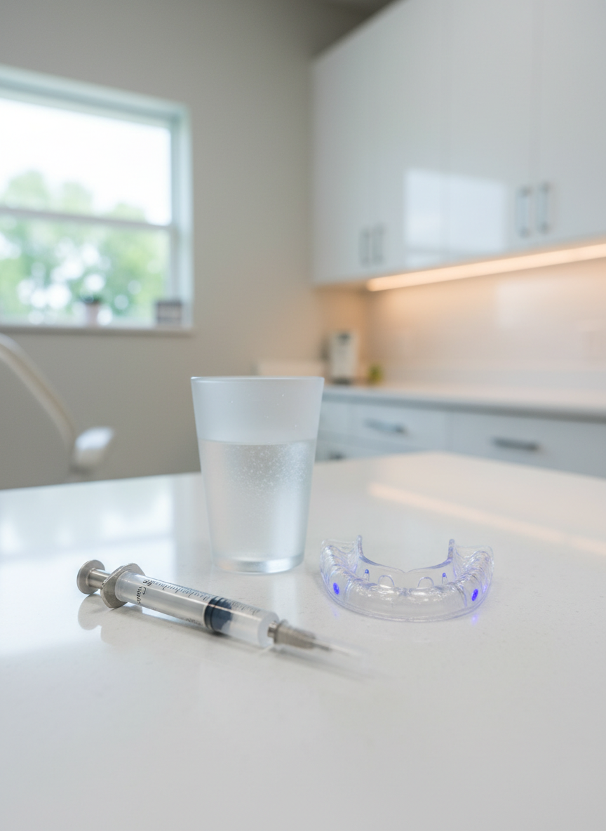 An elegant, minimalist arrangement of professional teeth whitening products on a smooth quartz countertop: a sleek whitening gel syringe, a polished LED mouth tray, and a frosted glass rinse cup, all designed without logos or text. Behind them, a blurred glimpse of a modern dental operatory in New Roads, Louisiana shows white cabinetry and a subtle hint of bayou greenery through a small window. Cool, diffused daylight mixes with soft under-cabinet lighting, casting refined highlights on glass and plastic surfaces. Shot from a low, close-up angle with a shallow depth of field and photographic realism, the image feels clean, high-tech, and trustworthy, ideal for showcasing clinic-grade whitening solutions.