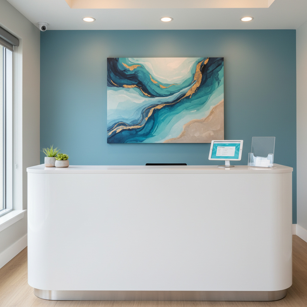 A reception desk scene inside a professional teeth whitening clinic, shown without staff or patients. A curved, glossy white front desk sits in the foreground, topped with a small potted plant, a sleek tablet stand suggesting online booking, and a simple appointment card holder without readable text. Behind the desk, a wall in soft coastal blue hints at the New Roads, Louisiana location with a subtle abstract artwork resembling the nearby river, rendered without words. Warm recessed ceiling lights combine with gentle daylight from a side window, creating a welcoming yet polished feel. Captured at eye level with a wide-angle lens and photographic realism, the composition is balanced and uncluttered, perfect for representing easy appointment scheduling and a professional atmosphere.