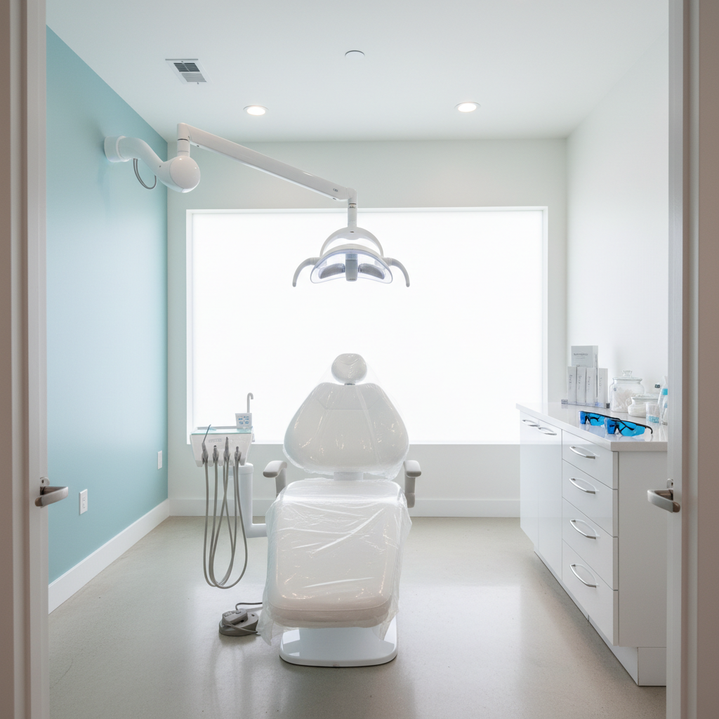 An ultra-clean whitening room prepared for the next appointment, featuring a reclined treatment chair in the center, a ceiling-mounted LED whitening lamp poised above, and a side counter with neatly arranged, unlabeled whitening kits and protective eyewear. The walls are bright white with a single accent wall in soft teal, evoking a fresh, coastal Louisiana vibe. Large windows allow diffused natural light to pour in, enhanced by subtle recessed lighting that adds gentle highlights to metallic and glass surfaces. The mood is calm, hygienic, and reassuring. Captured from the doorway at a slightly elevated angle with photographic realism and sharp focus, the composition invites the viewer into a space designed for professional teeth whitening care.