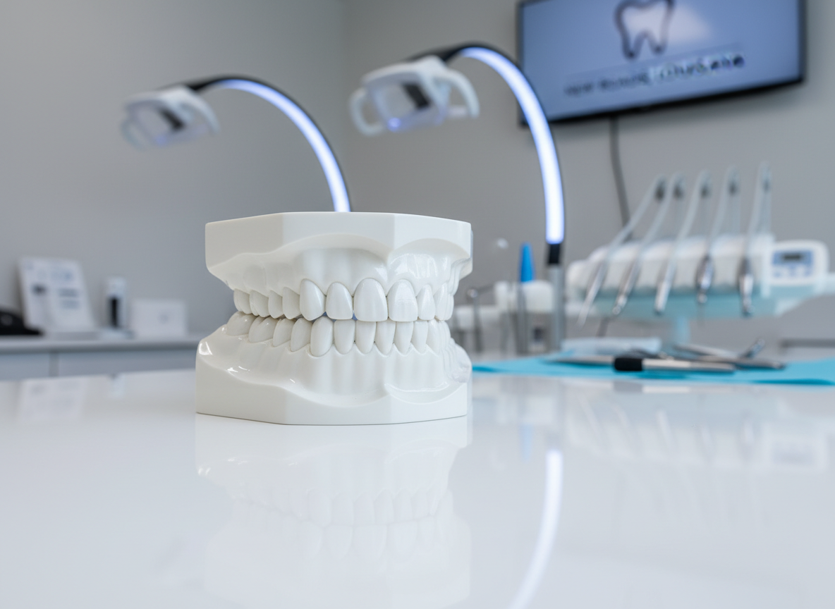 A sparkling set of perfectly aligned white teeth emerging from an abstract, smooth dental model, with no face or human features visible, positioned on a glossy white counter in a modern teeth whitening clinic. Behind it, slightly out of focus, are sleek whitening lamps and neatly arranged professional equipment in soft blues and whites, hinting at a New Roads, Louisiana practice. Cool, diffused studio lighting from above and the side creates crisp highlights on the enamel-like surface and gentle reflections on the counter. The mood is clinical yet welcoming, emphasizing cleanliness and professionalism. Shot at eye level with a shallow depth of field and photographic realism, creating a clean, modern hero image suitable for a clinic homepage.